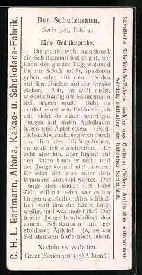 Sammelbild Gartmann Schokolade, Serie 309, Bild 4, Der Schutzmann, eine Geduldsprobe