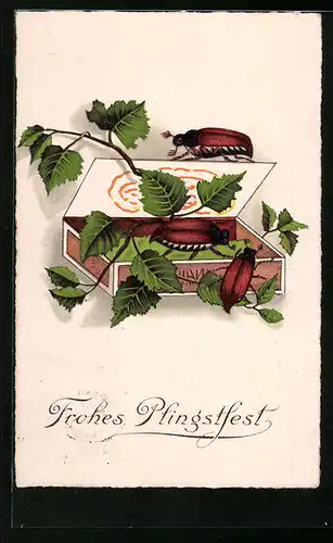 Lithographie Frohes Pfingstfest, Maikäfer krabbeln aus einer Schachtel