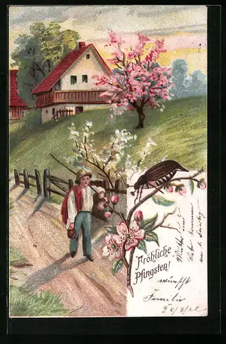 Lithographie Frühlingslandschaft mit Blüten und Maikäfer