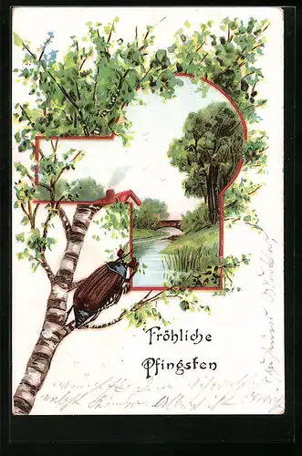 Lithographie Fröhliche Pfingsten, Maikäfer, Birke und Landschaft