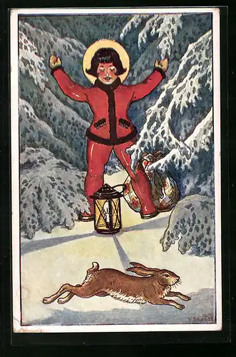 Künstler-AK Christkind trifft Kaninchen im Winterwald