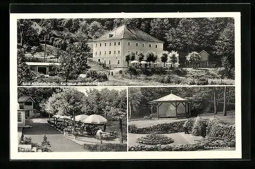 AK Bad Abbach a. D., Kurhaus Waldfrieden mit Terrasse und Schwefelquelle