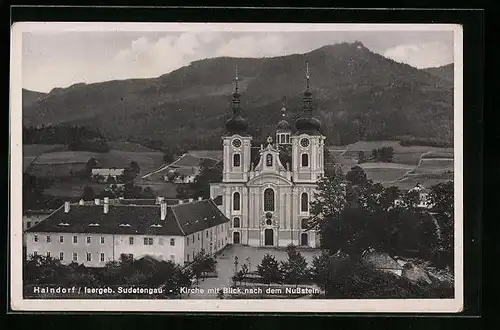 AK Haindorf / Hejnice, Kirche mit Blick nach dem Nussstein