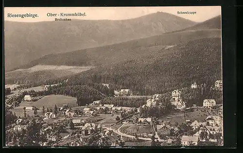 AK Ober-Krummhübel, Gesamtansicht mit Schneekoppe und Blick auf Breitenhau