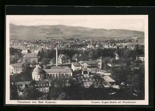 AK Bad Kudowa, Panorama mit Kurpark, Eugen-Quelle und Wandelhalle