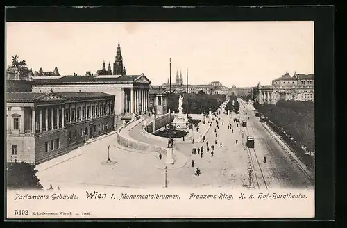 AK Wien, Franzenring mit Parlamentsgebäude, Monumentalbrunnen und Hof-Burgtheater
