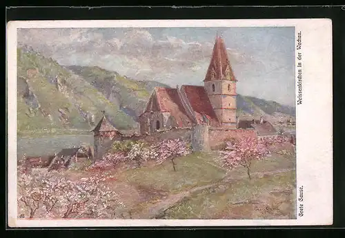 Künstler-AK Weissenkirchen i. d. Wachau, Partie mit Kirche im Gebirge