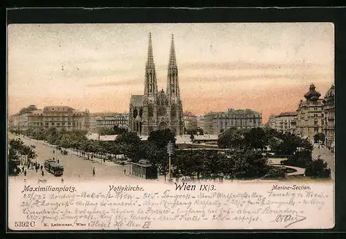 AK Wien, Maximilianplatz mit Votivkirche und Marine-Section