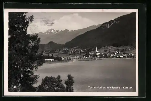 AK Techendorf am Weissensee, Gesamtansicht mit Gebirgswand