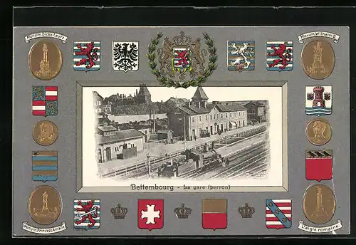 Passepartout-AK Bettembourg, la Gare, verschiedene Wappen, Monumente Dickx-Leutz, Prinzess Amalie u. a.