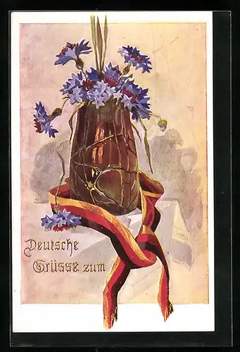 AK Blumenvase mit schwarz-rot-goldener Schleife, Deutsche Grüsse..., Bund der Deutschen in Nieder-Österreich