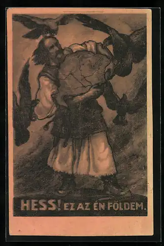 AK Ungarn, Mann hält eine Karte von Ungarn in der Hand und wird von Raubvögeln angegriffen, Hess! Ez Az én Földem