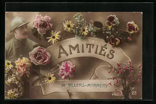 AK Villlers-Marmery, Soldat und Blumenschmuck Amitiés de Villers-Marmery