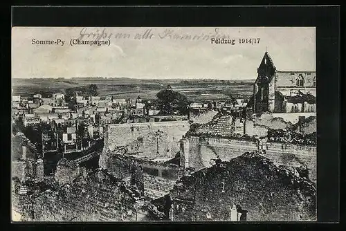 AK Somme-Py, Blick auf das zerstörte Dorf, Feldzug 1914 /17