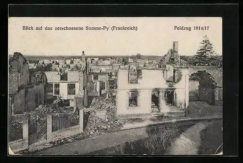 AK Somme-Py, Blick auf das zerschossene Dorf, Feldzug 1914 /17