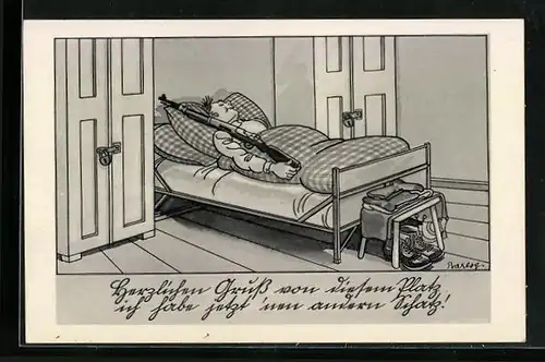 Künstler-AK Ferdinand Barlog: Mann liegt mit seinem Gewehr im Bett