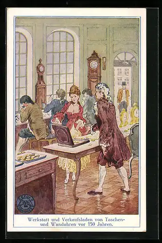 AK Reklame für die Uhrenmarke Longines, Werkstatt und Verkaufsladen von Taschenuhren vor 150 Jahren