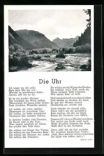 AK Gedicht Die Uhr von Gabriel Seidl, Flusslandschaft im Gebirge