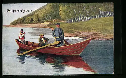 Künstler-AK Russische Typen, junge Männer in einem Ruderboot