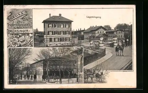 AK Münsingen, der Truppenübungsplatz, Lagereingang, Soldaten auf der Strasse