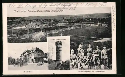 AK Münsingen, der Truppenübungsplatz, das Hardt-Hotel, der Turm Falkenhausen, Maschinengewehr in Feuerstellung