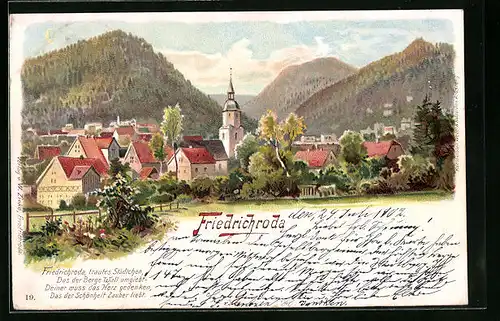 Lithographie Friedrichroda, Blick auf den Ort und die Kirche