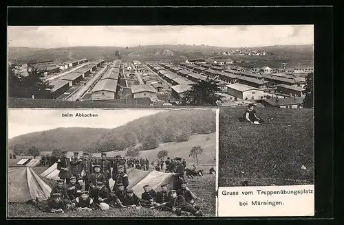 AK Münsingen in Wttbg., Truppenübungsplatz, Gesamtansicht des Lagers, Soldaten beim Abkochen