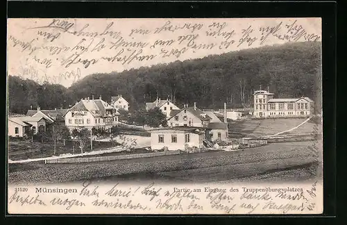 AK Münsingen in Wttbg., Partie am Eingang des Truppenübungsplatzes