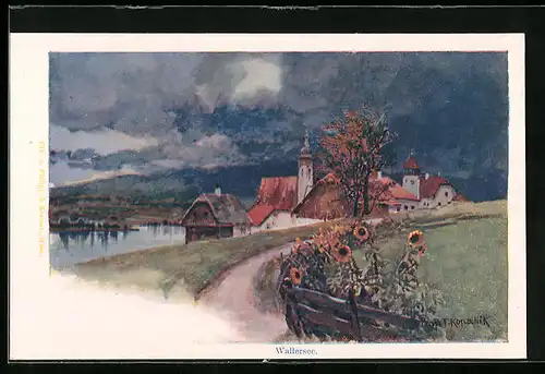 Künstler-AK Wallersee, auf der Strasse zur Kirche hin