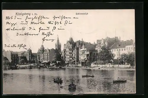 AK Königsberg i. Pr., Ruderboote auf dem Schlossteich, Stadthäuser am Ufer