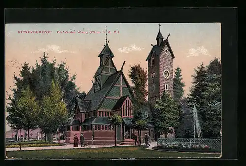 AK Brückenberg im Riesengebirge, vor der Kirche Wang