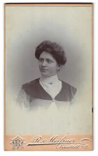 Fotografie R. Meissner, Neustadt a. D., Portrait brünettes Fräulein mit Brosche und Halskette