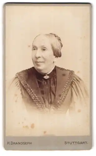 Fotografie H. Brandseph, Stuttgart, Marienstr. 36, Portrait einer elegant gekleideten Dame mit Brosche am Blusenkragen