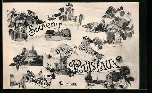 AK Puiseaux, L`Eglise, la Gare, une Rue