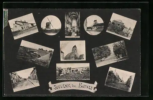 AK Boynes, Kirche, Windmühle, Brücke und Strassenpartie