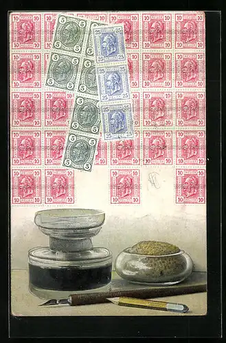 AK Tintenfässchen, Federkiel und Briefmarken