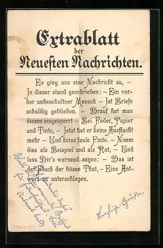 AK Extrablatt der Neuesten NAchrichten,  Es ging uns eine Nachricht zu...