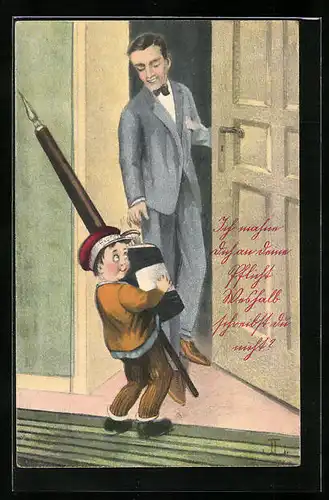 AK kleine Knabe steht mit grossem Tintenfass und Feder vor der Türe eines Herren