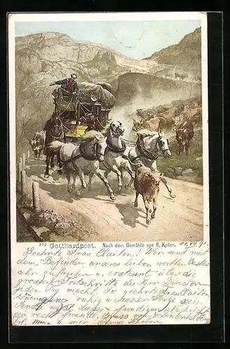 Künstler-AK Gotthardpost, vorbeisprengende Postkutsche am Gotthardpass, davonlaufende Rinder