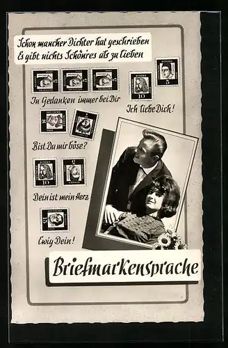 AK Briefmarkensprache, In Gedanken immer bei Dir, Ewig Dein, junges Liebespaar