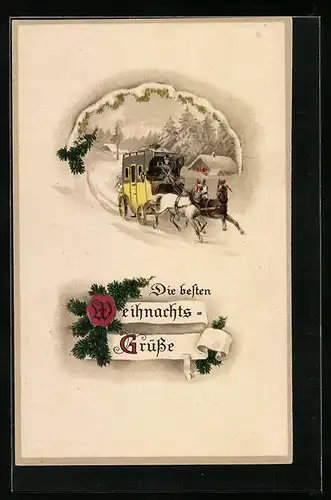 AK Postkutsche passiert ein verscheintes Dörflein, Weihnachtsgruss