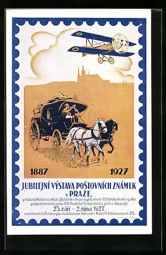 AK Praze, Jubilejni Vystava Postovnich Znamek 1927, Postkutsche und Flugzeug