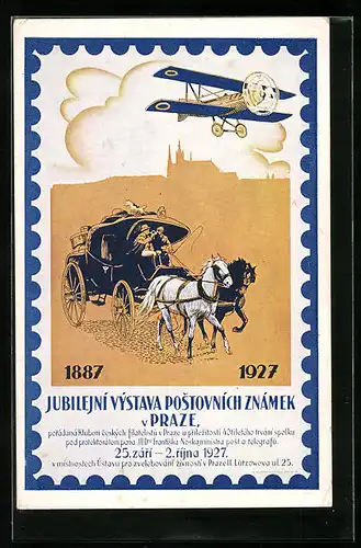 AK Praze, Jubilejni Vystava Postovnich Znamek 1927, Postkutsche und Flugzeug