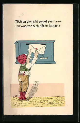 Künstler-AK kleiner Junge müht sich einen Brief in den Postkasten zu werfen