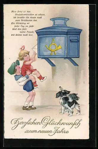 Künstler-AK Kinder versuchen einen Brief in den Postkasten zu werfen