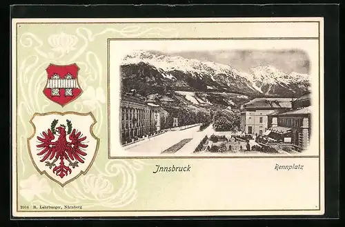 Passepartout-Lithographie Innsbruck, Rennplatz mit Gebirgswand, Stadtwappen