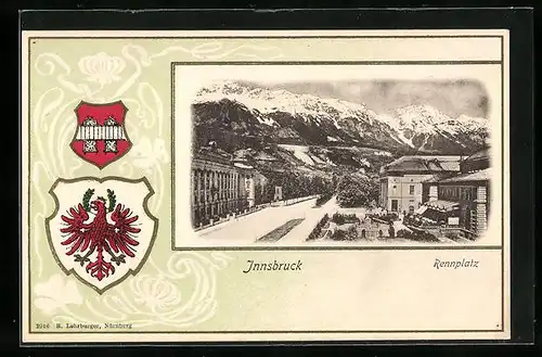 Passepartout-Lithographie Innsbruck, Rennplatz mit Gebirgswand, Stadtwappen