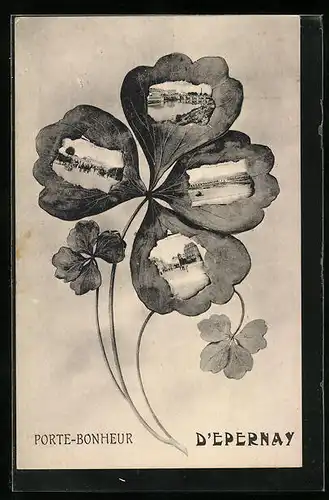 Blumengruss-AK Epernay, Porte-Bonheur, Stadtansichten im Kleeblatt