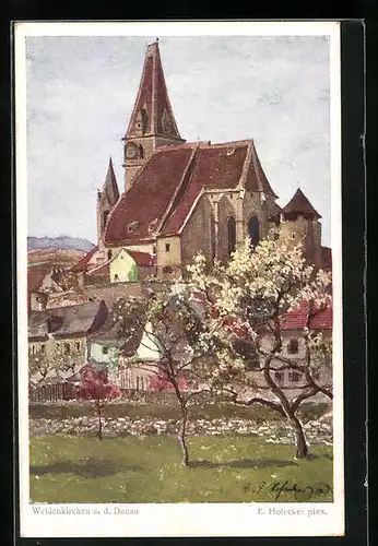 Künstler-AK E.F. Hofecker: Weissenkirchen a. d. Donau, Blick auf die Kirche