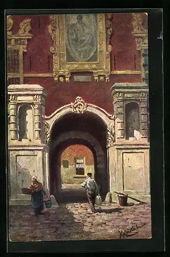 Künstler-AK Johan Georg Gerstenhauer: niederländische Anwohner vor einem Portal